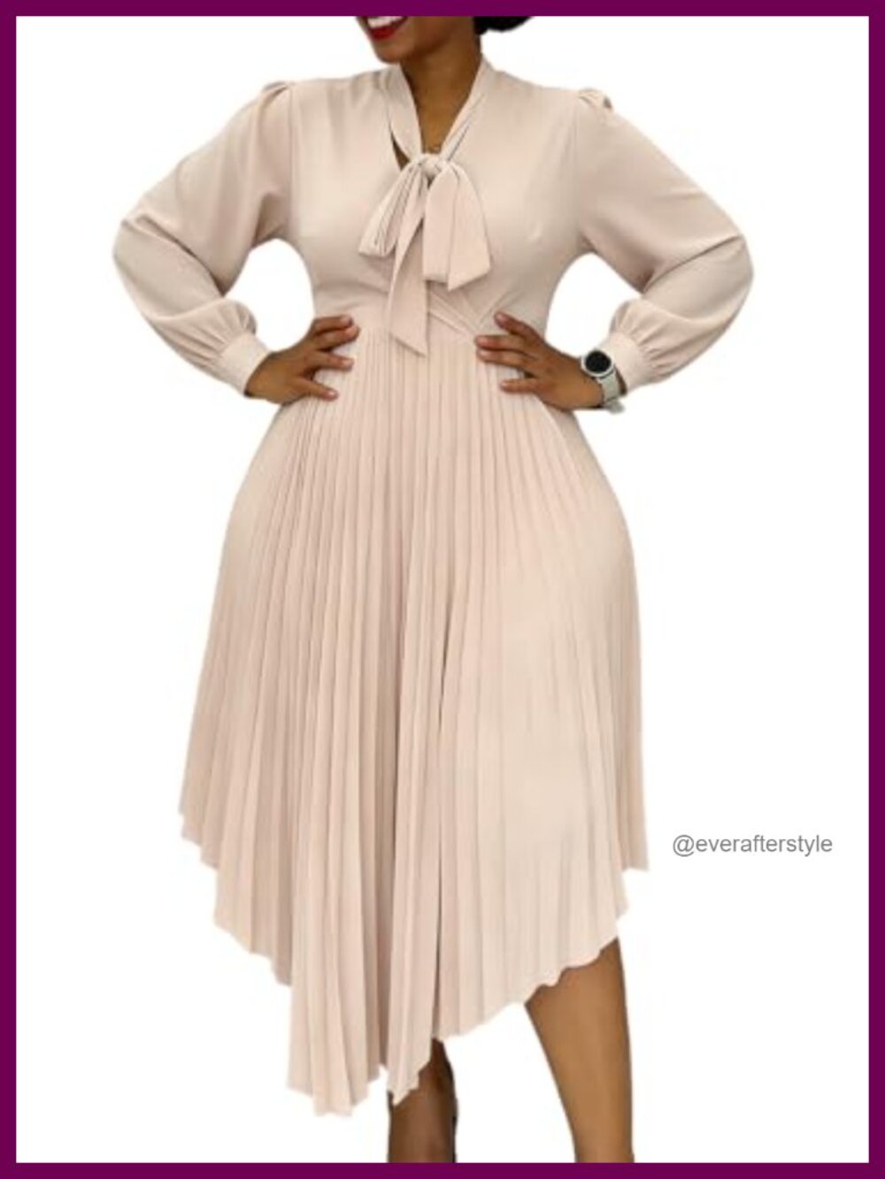 Plus Size Pleated High Low Midi Dress Curvy Women Long Sleeve V-Neck